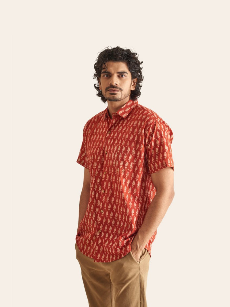 Buy Natural Dye Red Ethnic Motif Handblock Printed Cotton Shirt | Shop Verified Sustainable Men Shirt on Brown Living™