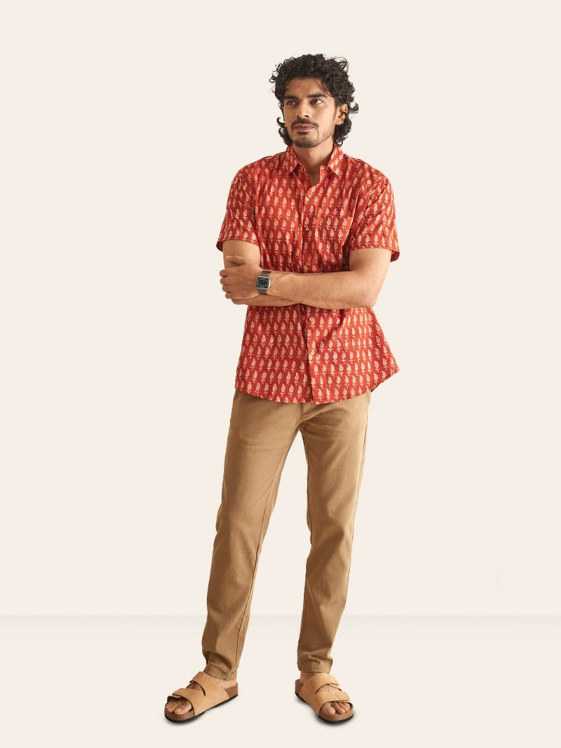 Buy Natural Dye Red Ethnic Motif Handblock Printed Cotton Shirt | Shop Verified Sustainable Men Shirt on Brown Living™