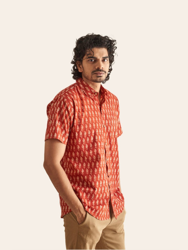 Buy Natural Dye Red Ethnic Motif Handblock Printed Cotton Shirt | Shop Verified Sustainable Men Shirt on Brown Living™