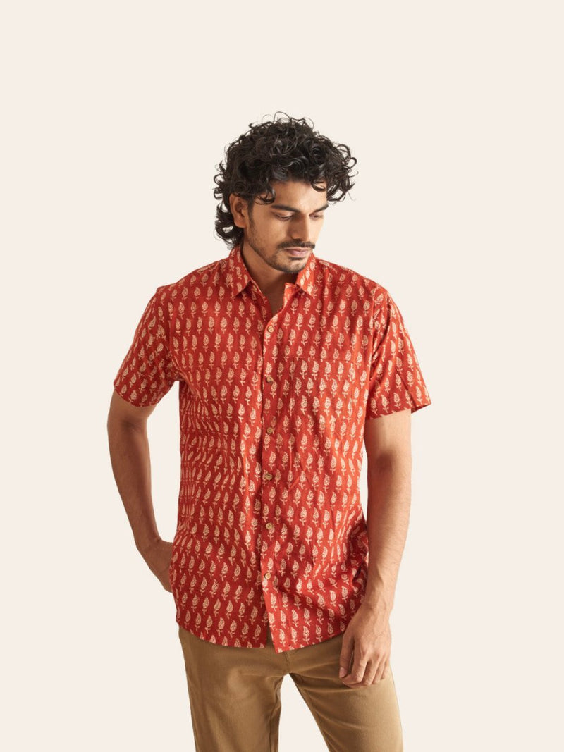 Buy Natural Dye Red Ethnic Motif Handblock Printed Cotton Shirt | Shop Verified Sustainable Men Shirt on Brown Living™