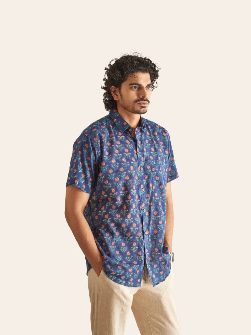 Buy Navy Blue Floral Handblock Printed Mulmul Shirt | Shop Verified Sustainable Mens Shirt on Brown Living™