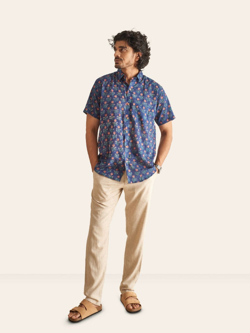 Buy Navy Blue Floral Handblock Printed Mulmul Shirt | Shop Verified Sustainable Mens Shirt on Brown Living™