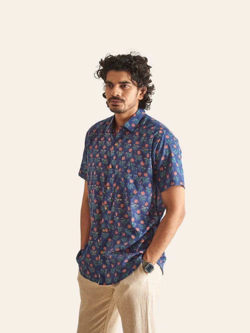 Buy Navy Blue Floral Handblock Printed Mulmul Shirt | Shop Verified Sustainable Mens Shirt on Brown Living™