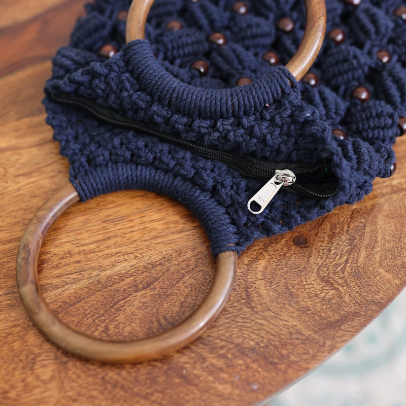 Navy Blue Ring Handmade Macrame Bag | Verified Sustainable Womens Handbag on Brown Living™