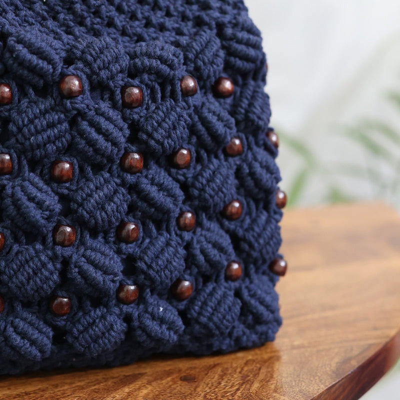 Navy Blue Ring Handmade Macrame Bag | Verified Sustainable Womens Handbag on Brown Living™