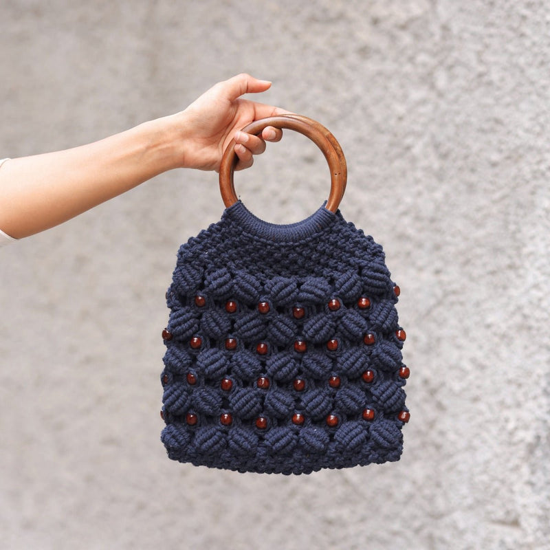 Navy Blue Ring Handmade Macrame Bag | Verified Sustainable Womens Handbag on Brown Living™