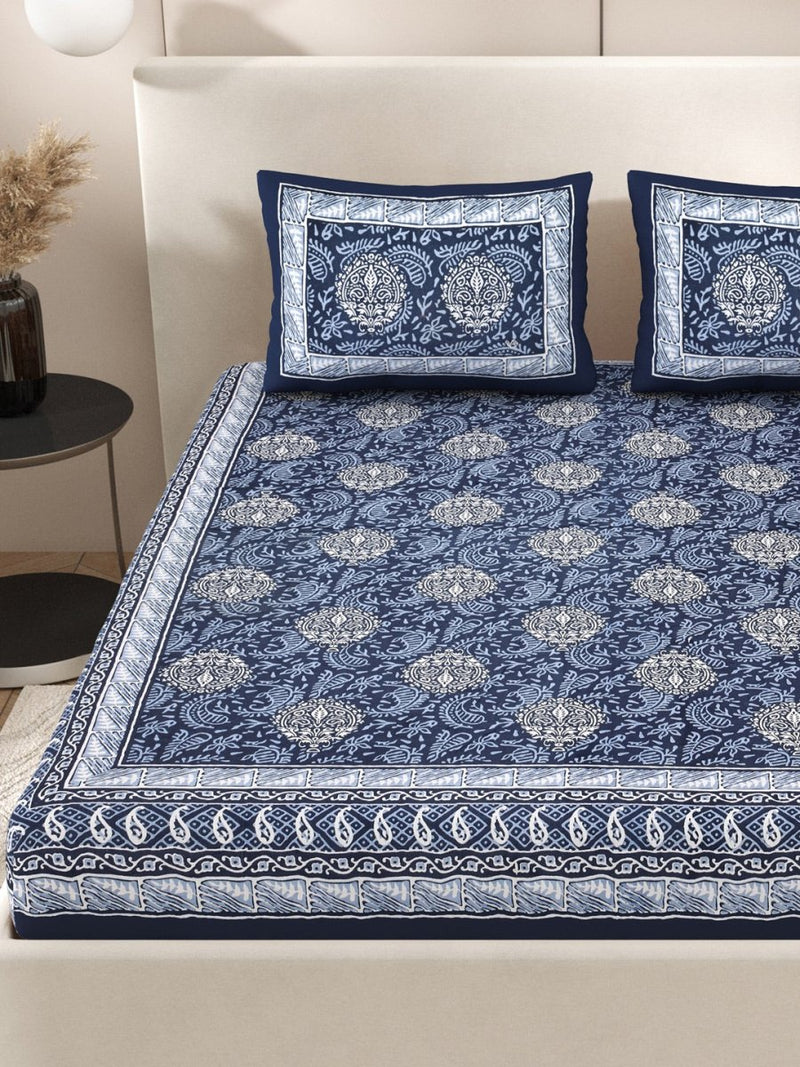 Buy Navy Interiors Hand Block Printed Cotton Queen Size Bedding Set | Shop Verified Sustainable Bedding on Brown Living™