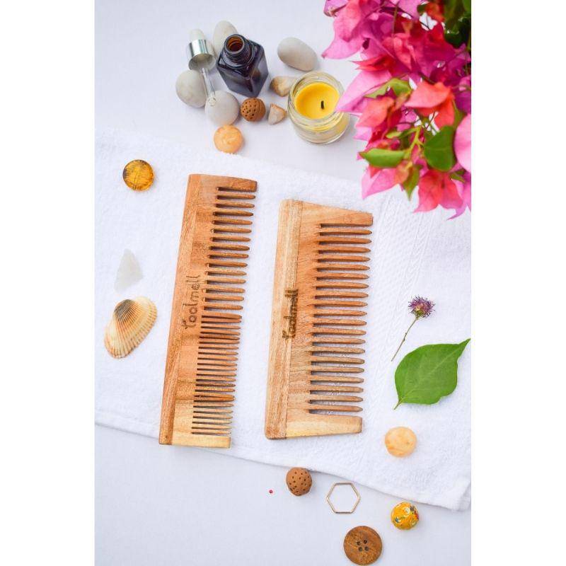 Buy Neem wood Comb Pack of 2 | 1 Detangle comb & 1 Dual Tooth | Shop Verified Sustainable Hair Comb on Brown Living™