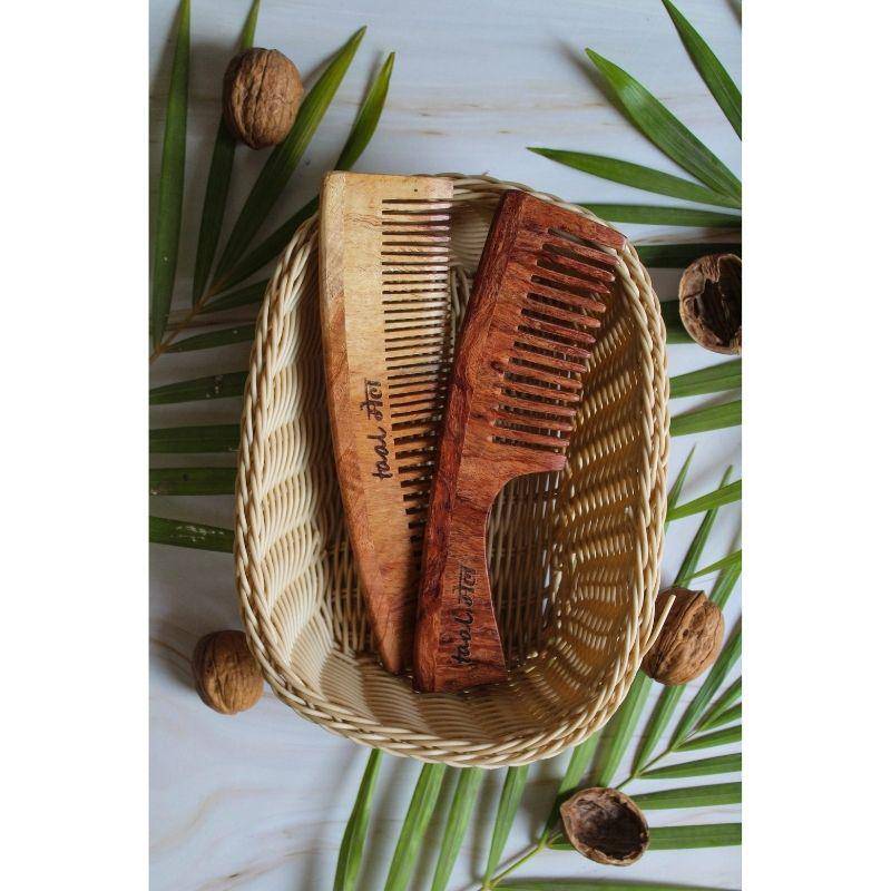 Buy Neem wood Comb Pack of 2 - Handle+ Dual Tooth Comb | Shop Verified Sustainable Hair Comb on Brown Living™