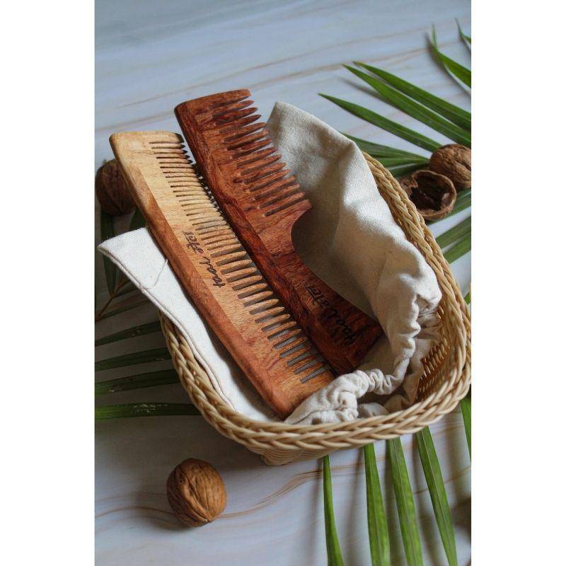 Buy Neem wood Comb Pack of 2 - Handle+ Dual Tooth Comb | Shop Verified Sustainable Hair Comb on Brown Living™