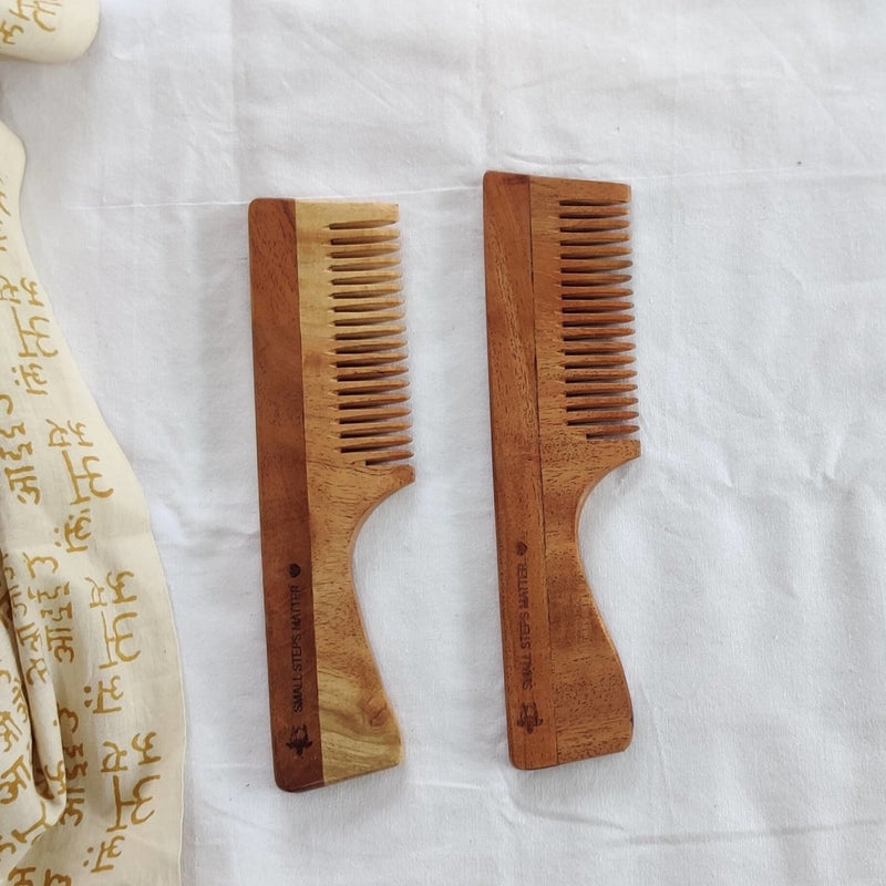 Buy Neem Wood Comb - Wide Teeth with Handle - Detangling & Styling - Pack of 2 | Shop Verified Sustainable Hair Comb on Brown Living™