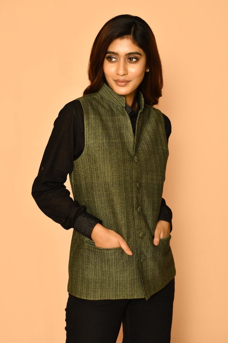 Buy Olive Green Handloom Cotton Nehru Jacket for Women | Shop Verified Sustainable Mens Jacket on Brown Living™