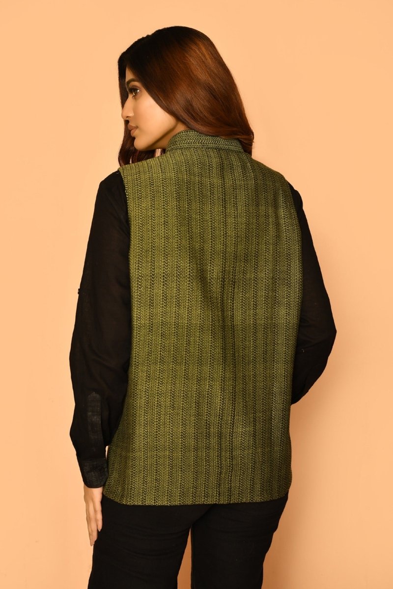 Buy Olive Green Handloom Cotton Nehru Jacket for Women | Shop Verified Sustainable Mens Jacket on Brown Living™