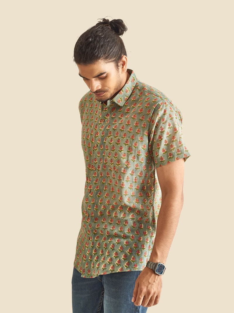 Buy Olive Holiday Block Printed Halfsleeves Cotton Shirt | Shop Verified Sustainable Mens Shirt on Brown Living™