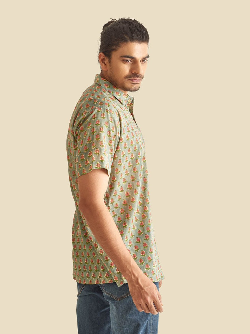 Buy Olive Holiday Block Printed Halfsleeves Cotton Shirt | Shop Verified Sustainable Mens Shirt on Brown Living™