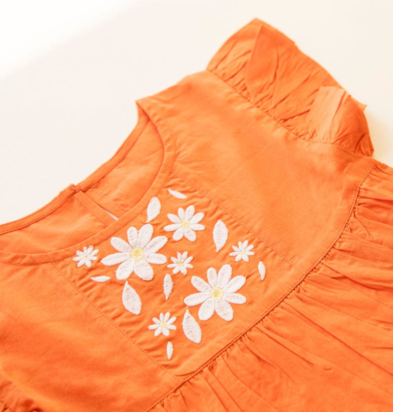 Buy Organic Cotton Flutter Sleeve Embroidered Dress- Orange | Shop Verified Sustainable Kids Frocks & Dresses on Brown Living™