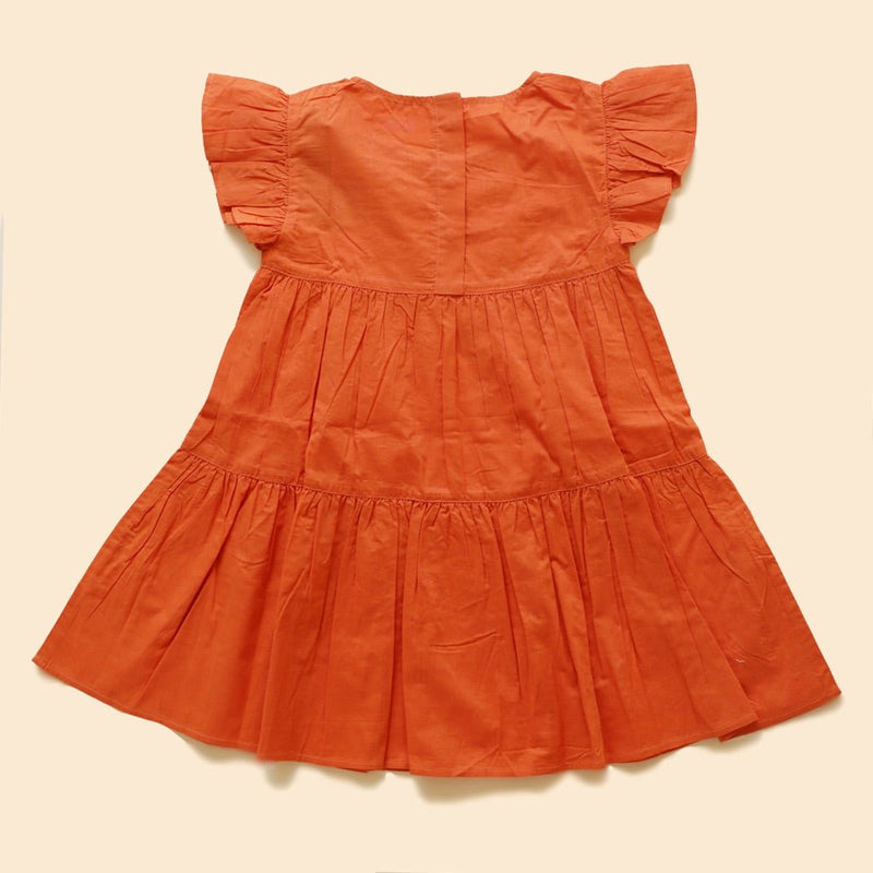 Buy Organic Cotton Flutter Sleeve Embroidered Dress- Orange | Shop Verified Sustainable Kids Frocks & Dresses on Brown Living™