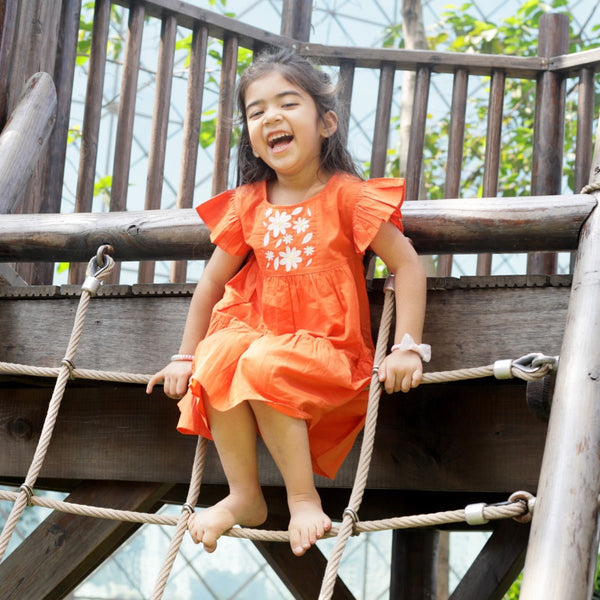 Buy Organic Cotton Flutter Sleeve Embroidered Dress- Orange | Shop Verified Sustainable Kids Frocks & Dresses on Brown Living™