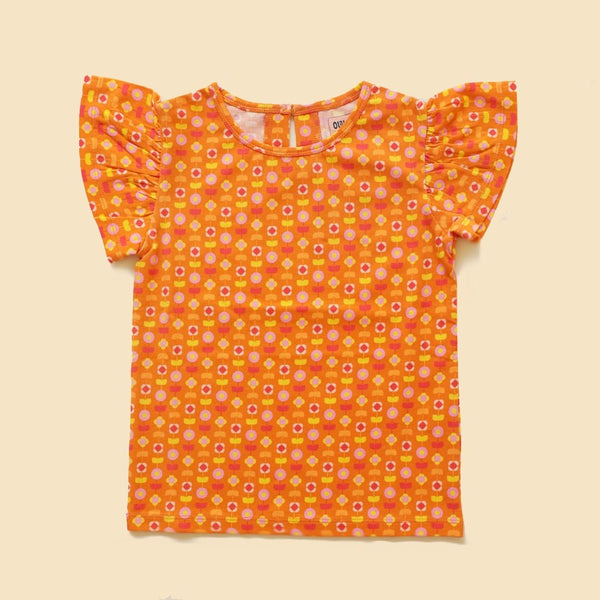 Buy Organic Cotton Flutter Sleeve Top- Indian Flora Orange | Shop Verified Sustainable Kids Top on Brown Living™