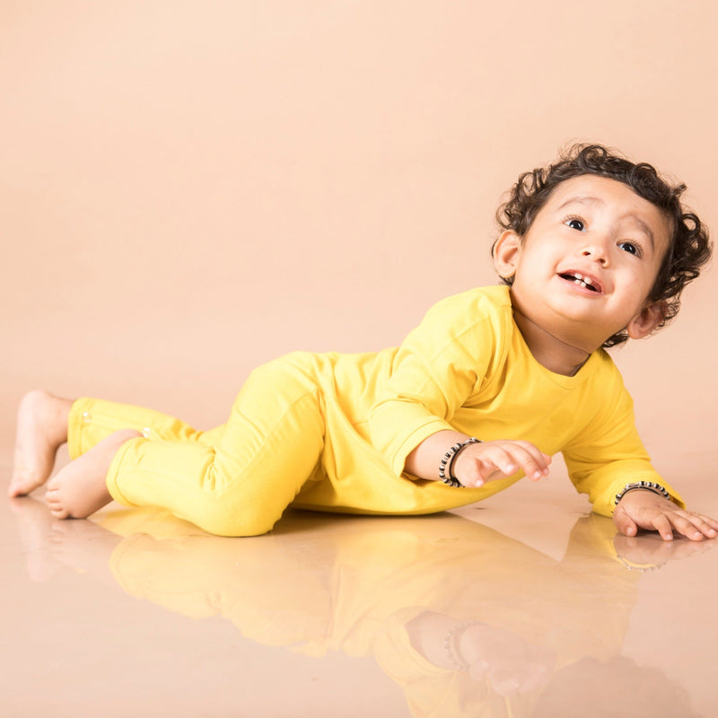 Organic Cotton Romper- Dandelion Yellow | Verified Sustainable Kids Sleepsuits on Brown Living™