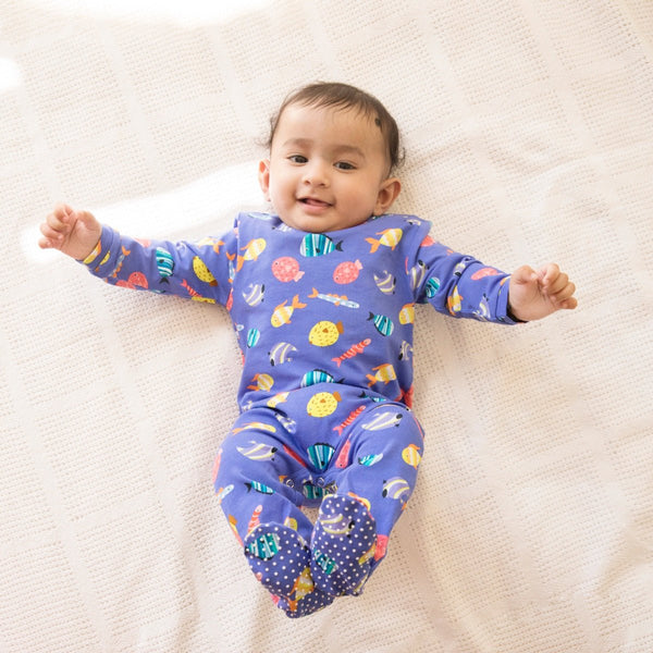 Buy Organic Cotton Sleepsuit with Footsie- Fuzzy Fishes | Shop Verified Sustainable Kids Sleepsuits on Brown Living™