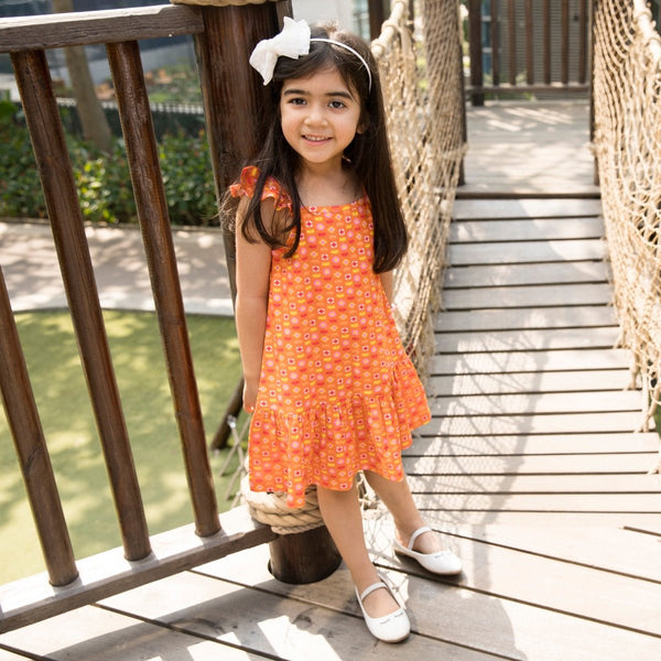 Buy Organic Cotton Strap Dress- Indian Flora Orange | Shop Verified Sustainable Kids Frocks & Dresses on Brown Living™