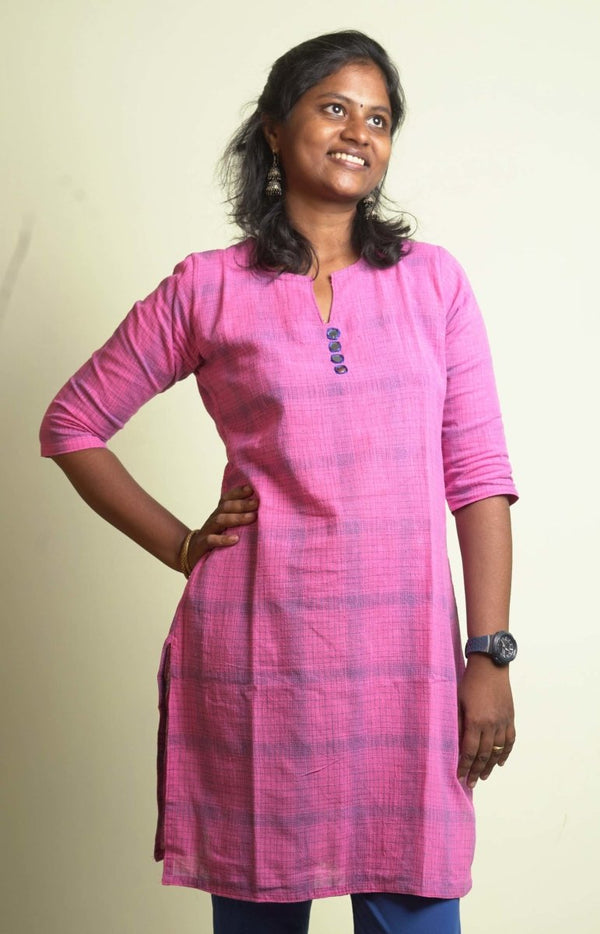 Buy Organic handwoven cotton kurti - Pink Checked | Shop Verified Sustainable Womens Kurta on Brown Living™