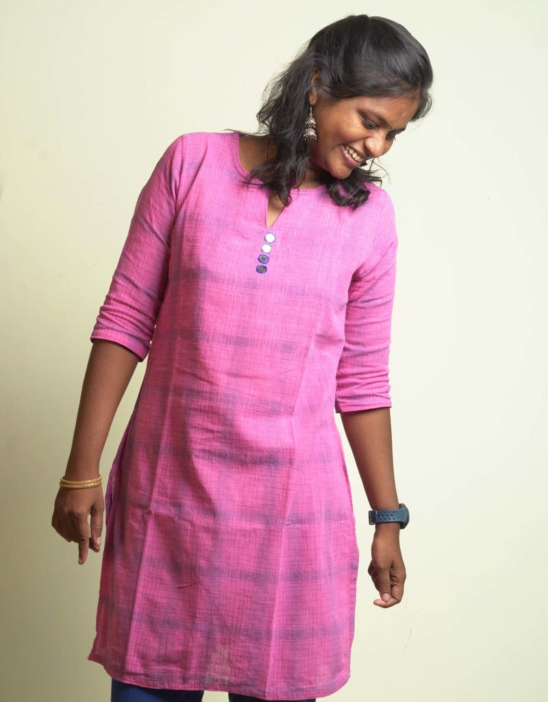 Buy Organic handwoven cotton kurti - Pink Checked | Shop Verified Sustainable Womens Kurta on Brown Living™