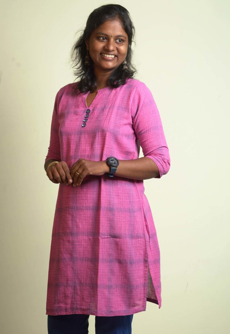 Buy Organic handwoven cotton kurti - Pink Checked | Shop Verified Sustainable Womens Kurta on Brown Living™