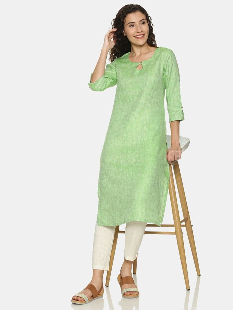 Buy Parrot Green Colour Solid Hemp Straight Long Kurta For Women | Shop Verified Sustainable Womens Kurta on Brown Living™