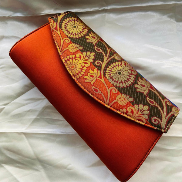 Buy Party Clutch Purse with Sling- Orange with flower design | Shop Verified Sustainable Womens Clutch on Brown Living™