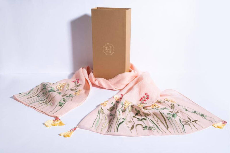 Buy Peach Linen Scarf With 3D Florals & Hand Crafted Tassels | Shop Verified Sustainable Womens Scarf on Brown Living™