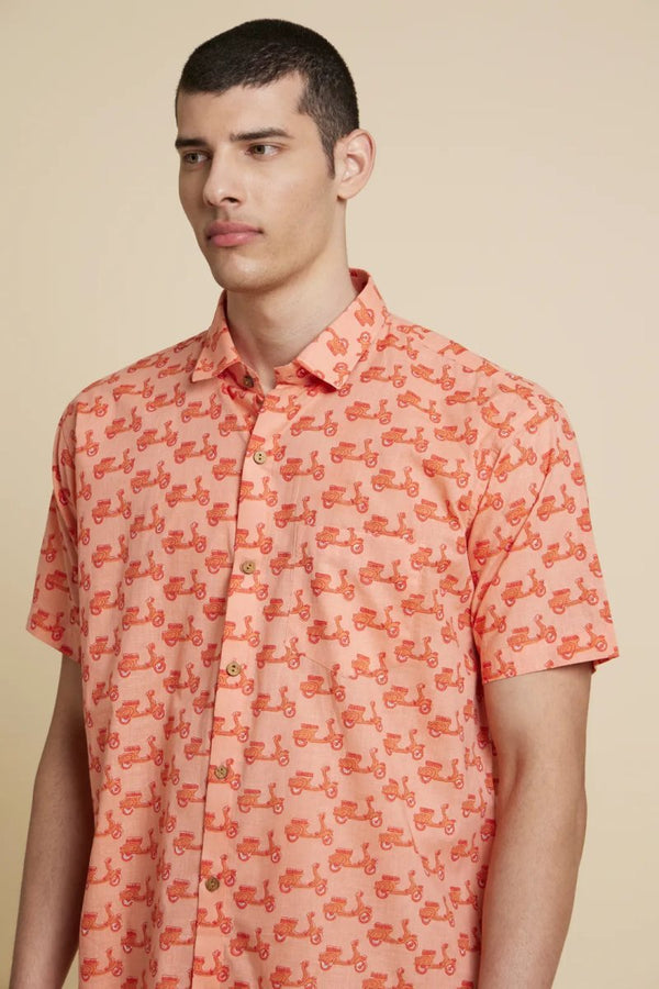 Buy Peach Orange Scooter Printed Shirt | Shop Verified Sustainable Mens Shirt on Brown Living™