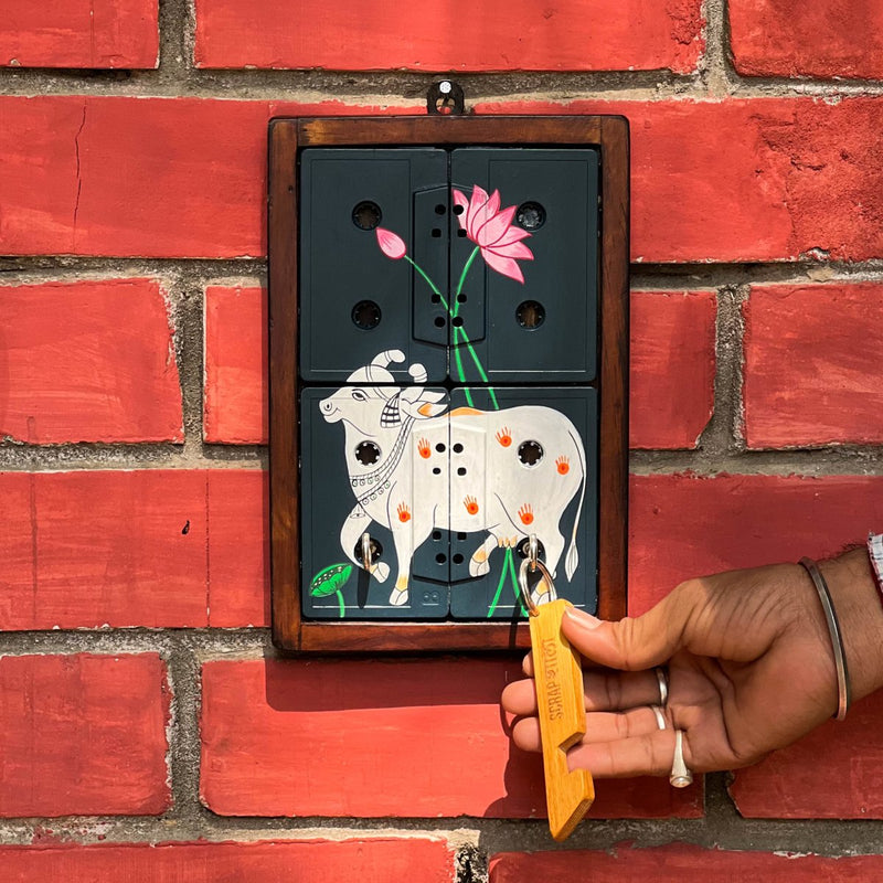 Buy Pichwai Nandi Art Key Holder | Motivational | Audio Tapes | Upcycled | Shop Verified Sustainable Wall Decor on Brown Living™