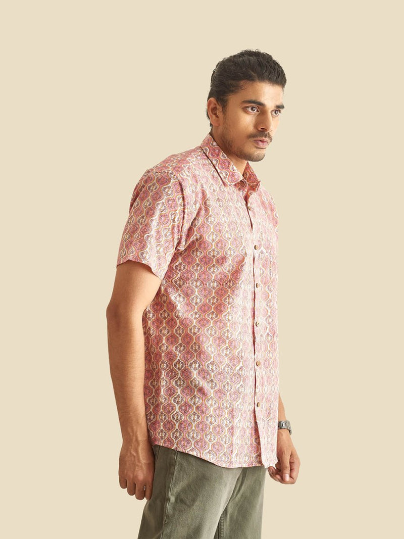 Buy Pink and White Ethnic Block Printed Holiday Halfsleeves Cotton Shirt | Shop Verified Sustainable Mens Shirt on Brown Living™