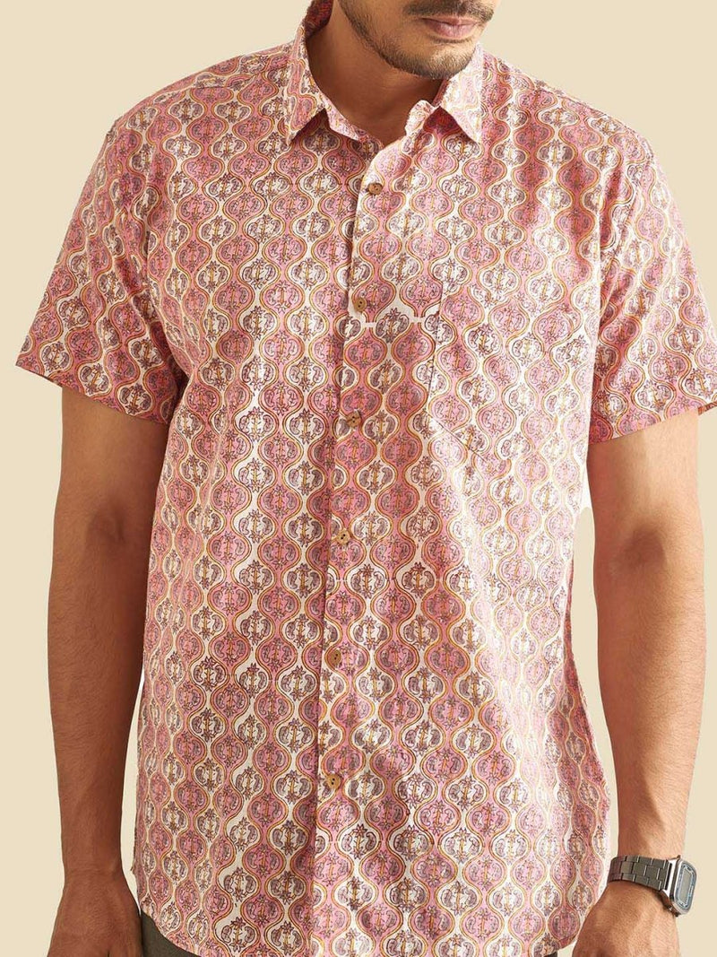 Buy Pink and White Ethnic Block Printed Holiday Halfsleeves Cotton Shirt | Shop Verified Sustainable Mens Shirt on Brown Living™