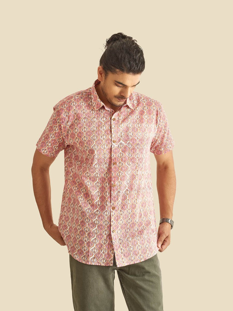 Buy Pink and White Ethnic Block Printed Holiday Halfsleeves Cotton Shirt | Shop Verified Sustainable Mens Shirt on Brown Living™