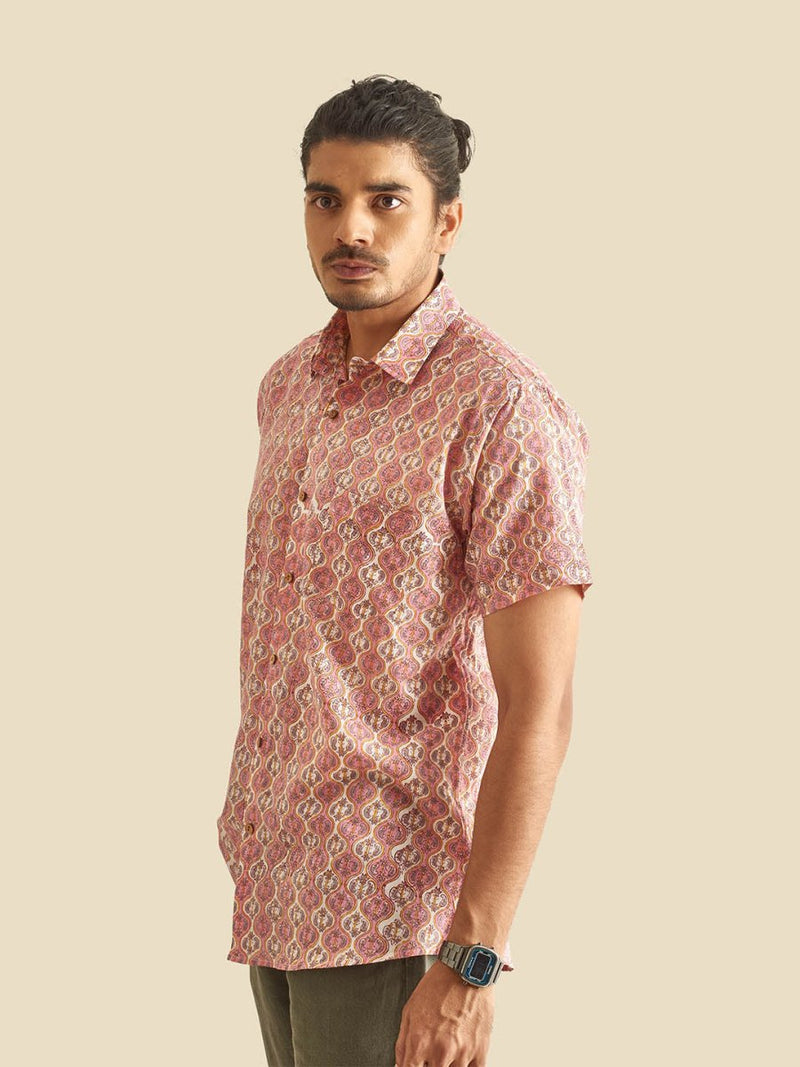 Buy Pink and White Ethnic Block Printed Holiday Halfsleeves Cotton Shirt | Shop Verified Sustainable Mens Shirt on Brown Living™