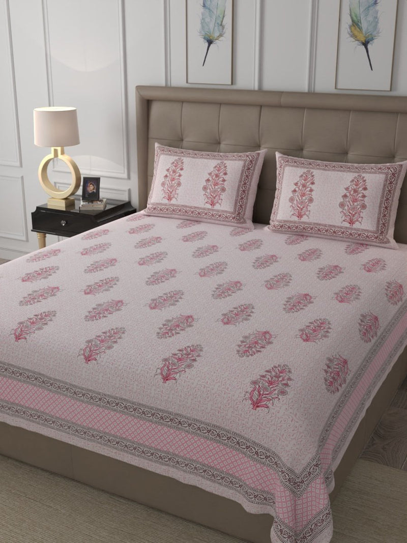 Buy Pink Elegant Hand Block Print Pure Cotton Super King Size Bedsheet with 2 Pillow Covers | Shop Verified Sustainable Bedding on Brown Living™