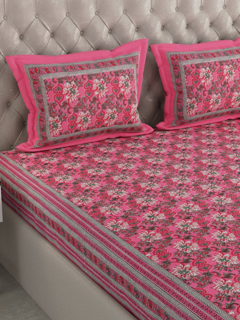 Buy Pink Floral Hand Printed Pure Cotton King Size Bedding Set | Shop Verified Sustainable Bedding on Brown Living™