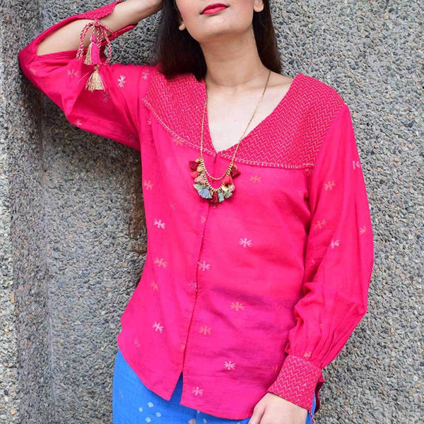 Buy Pink Jamdani Blouse | Shop Verified Sustainable Womens Top on Brown Living™