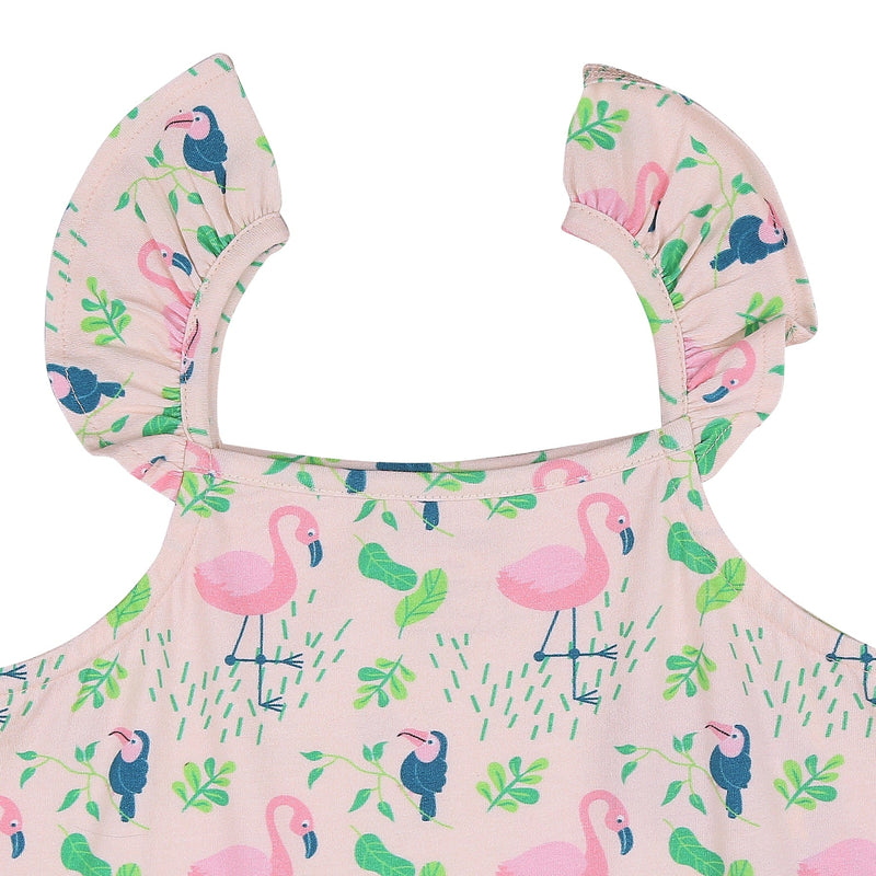 Printed Strap Cotton Dress- Flamingo Forrest | Verified Sustainable Kids Frocks & Dresses on Brown Living™