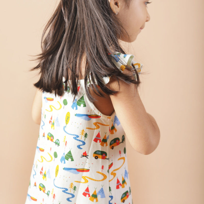 Printed Strap Cotton Dress- Happy Camping | Verified Sustainable Kids Frocks & Dresses on Brown Living™