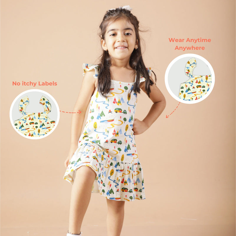 Printed Strap Dress- Happy Camping | Verified Sustainable Kids Frocks & Dresses on Brown Living™