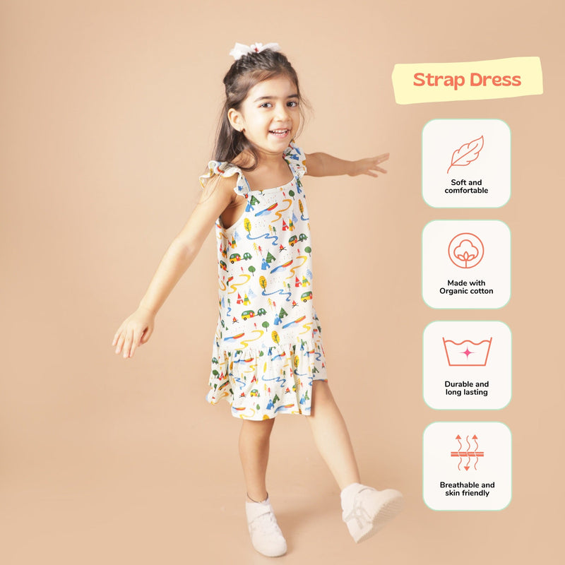 Printed Strap Dress- Happy Camping | Verified Sustainable Kids Frocks & Dresses on Brown Living™