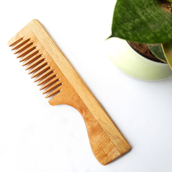 Pure Kacchi Neem Wood Handle Comb Wide Teeth | Verified Sustainable Hair Comb on Brown Living™