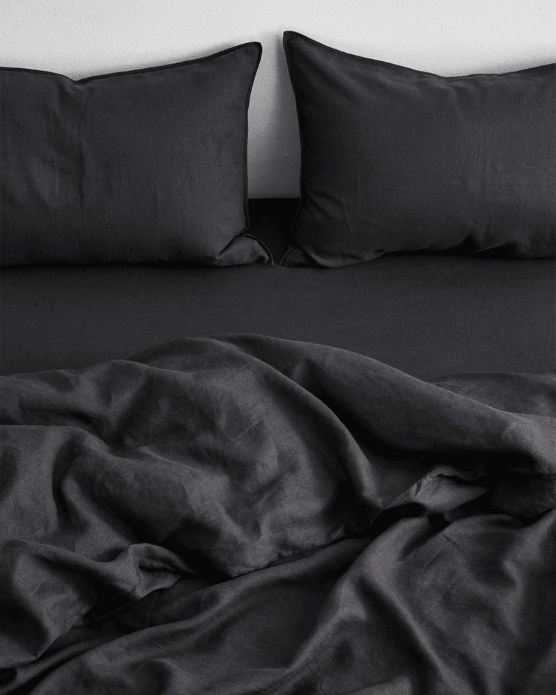 Buy Pure Linen Fitted Sheet with Pillow Covers | 3 Pc Set |Black | Shop Verified Sustainable Bedding on Brown Living™