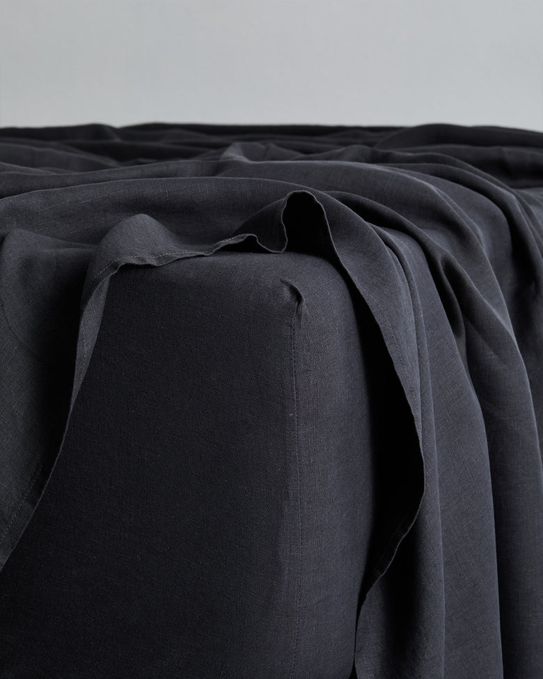 Buy Pure Linen Fitted Sheet with Pillow Covers | 3 Pc Set |Black | Shop Verified Sustainable Bedding on Brown Living™