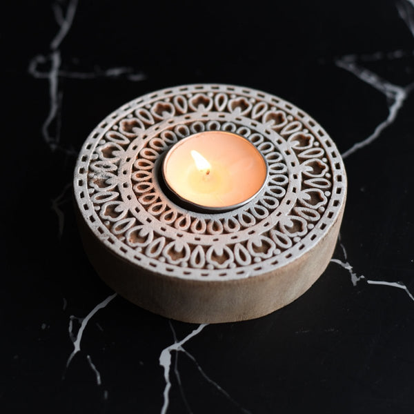 Buy Rangoli Wooden T- Light Holder with a pack of 6 soywax t- light candles | Shop Verified Sustainable Candles & Fragrances on Brown Living™