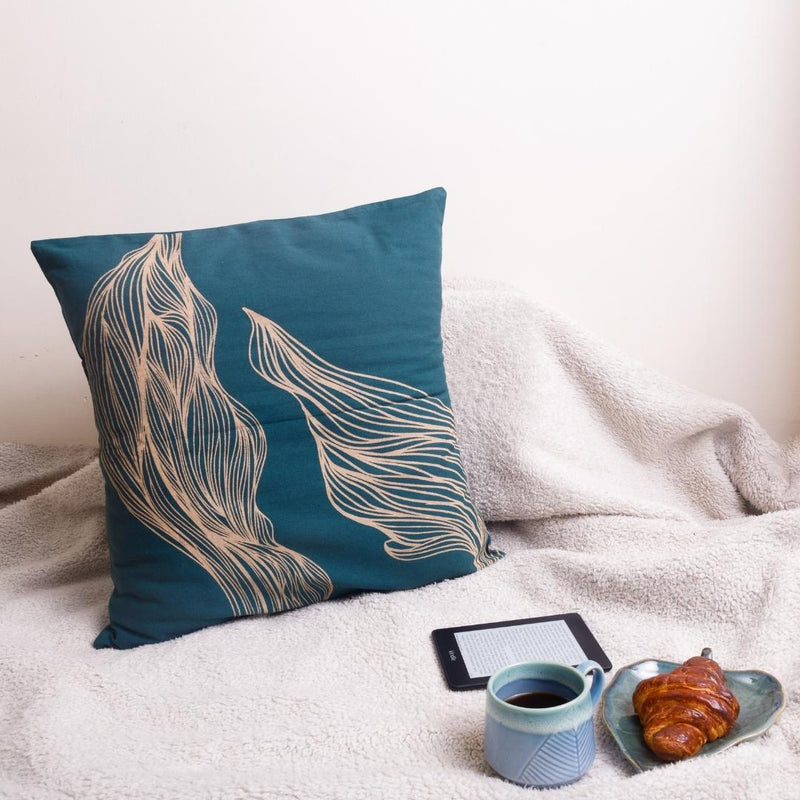 Buy Recycled Cotton Cushion with Waves Hand Print | 20x20 inch | Shop Verified Sustainable Bedding on Brown Living™